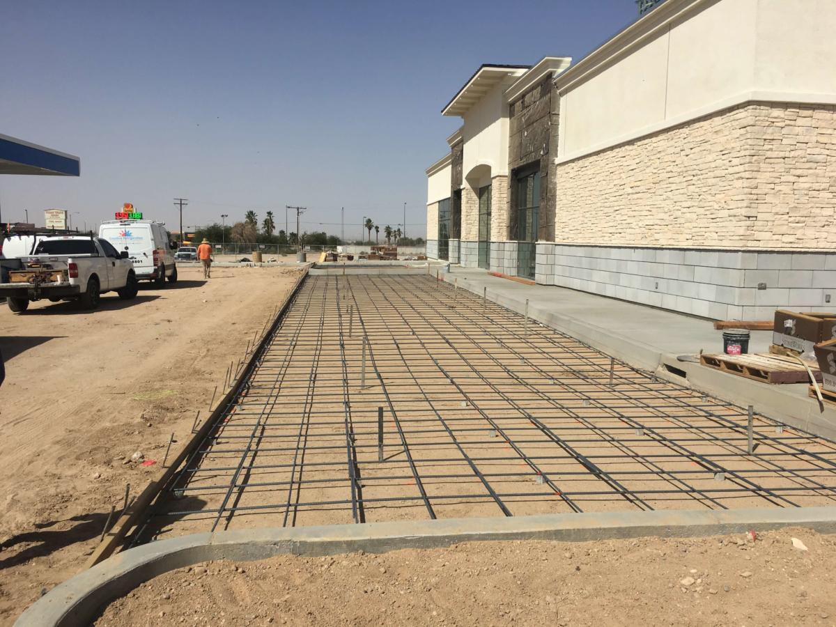 Rebar grid laid and tied for a large concrete slab pour at a commercial building